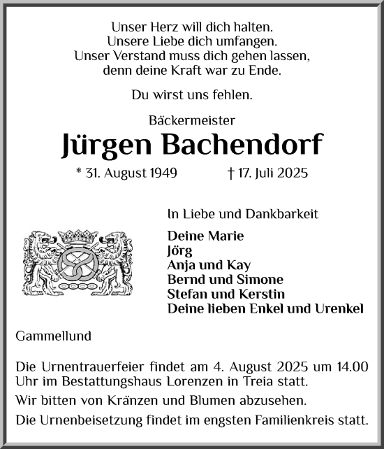 Traueranzeige von Jürgen Bachendorf von Region Flensburg
