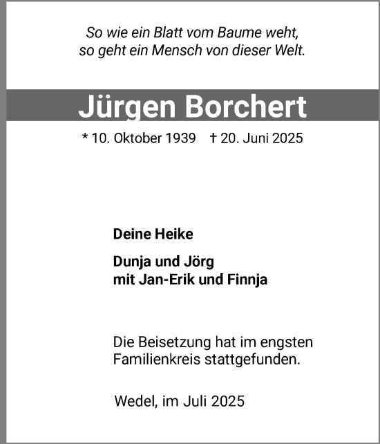Traueranzeige von Jürgen Borchert von Wedel-Schulauer Tageblatt, tip Wedel-Schulauer Tageblatt, tip Rissener Rundschau