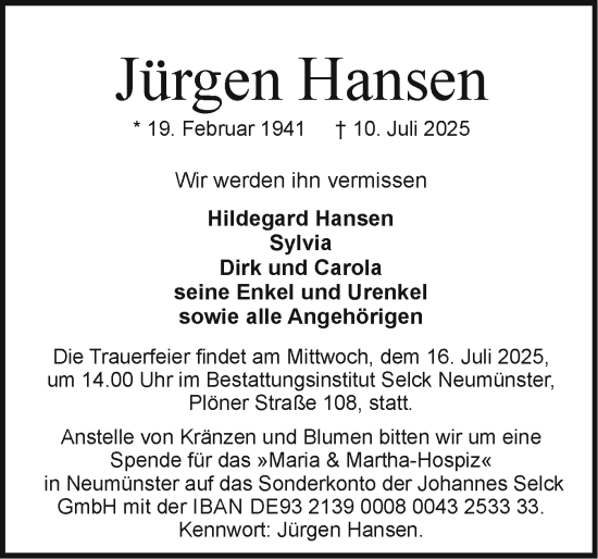 Traueranzeige von Jürgen Hansen von Holsteinischer Courier