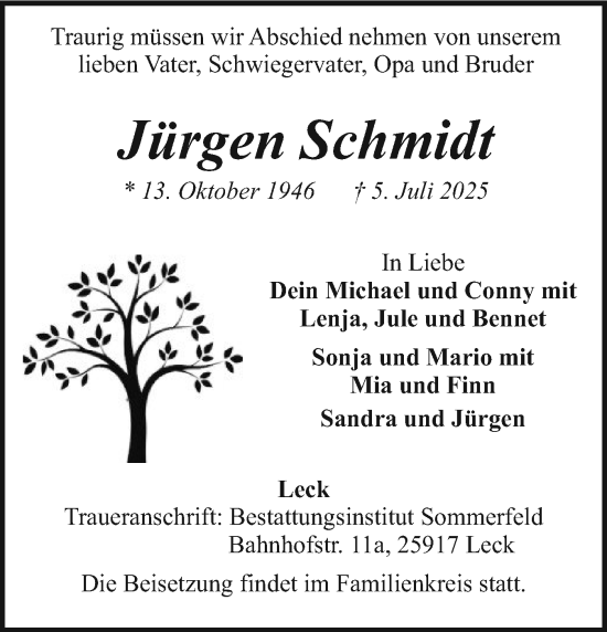 Traueranzeige von Jürgen Schmidt von Husumer Nachrichten, Nordfriesland Tageblatt