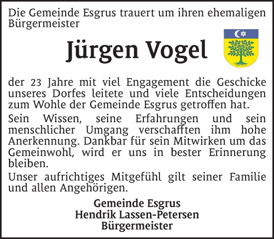 Traueranzeige von Jürgen Vogel von Flensburger Tageblatt