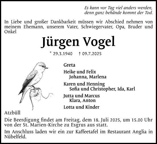 Traueranzeige von Jürgen Vogel von Flensburger Tageblatt