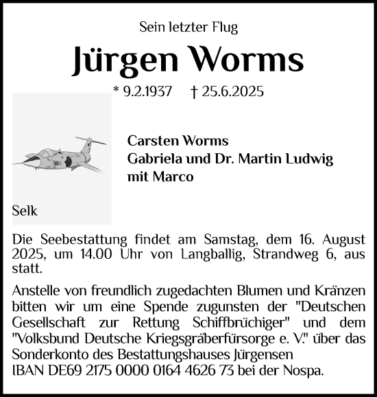Traueranzeige von Jürgen Worms von Schleswiger Nachrichten, Schlei-Bote