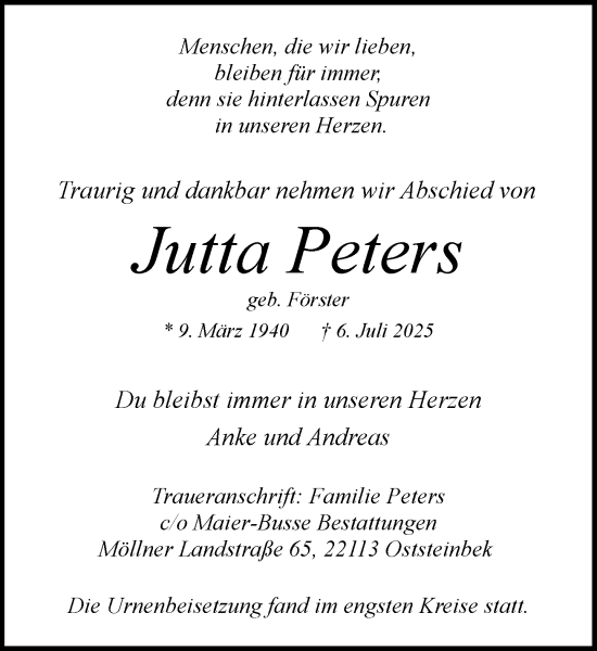 Traueranzeige von Jutta Peters von MARKT Glinde/Reinfeld