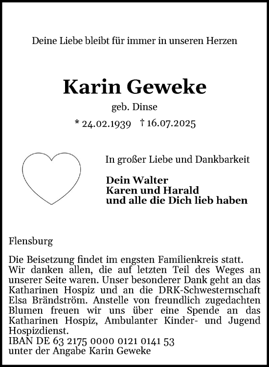 Traueranzeige von Karin Geweke von Flensburger Tageblatt
