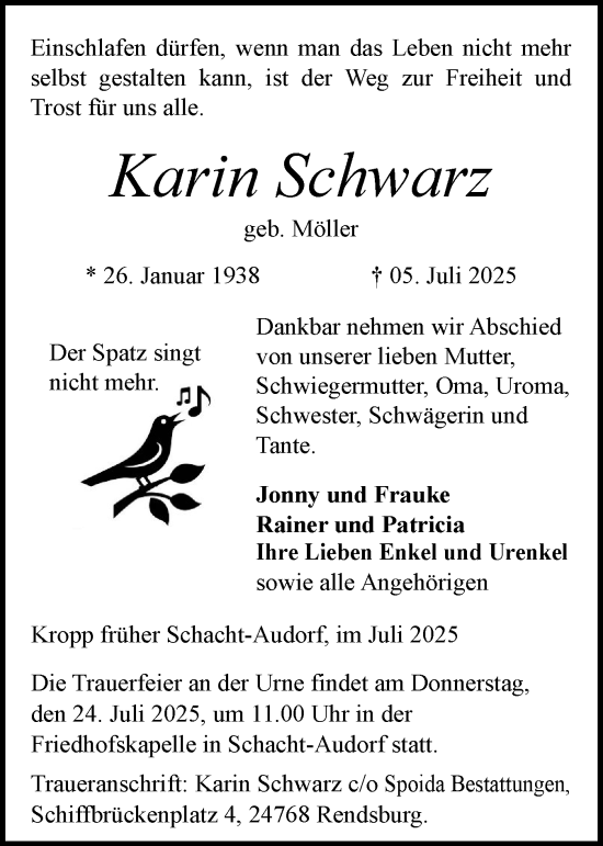 Traueranzeige von Karin Schwarz von Schleswig-Holsteinische Landeszeitung