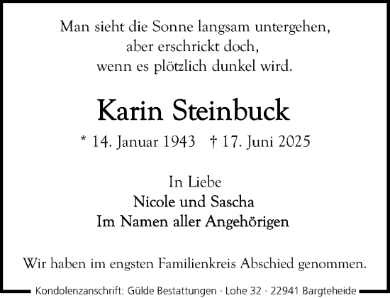 Traueranzeige von Karin Steinbuck von MARKT Ahrensburg/Bargteheide/Trittau und Stormarner Tageblatt