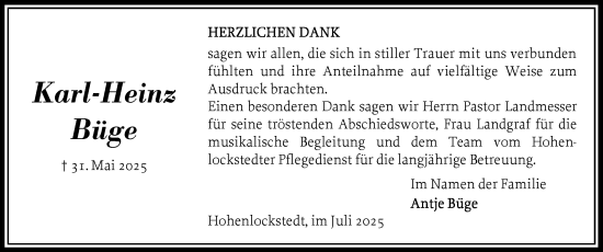 Traueranzeige von Karl-Heinz Büge von Norddeutsche Rundschau, Wilstersche Zeitung, Glückstädter Fortuna
