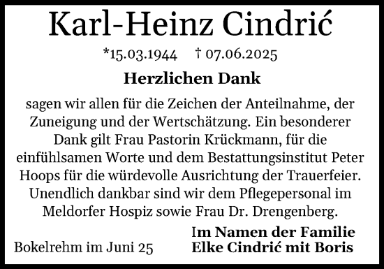 Traueranzeige von Karl-Heinz Cindric von Norddeutsche Rundschau, Wilstersche Zeitung, Glückstädter Fortuna