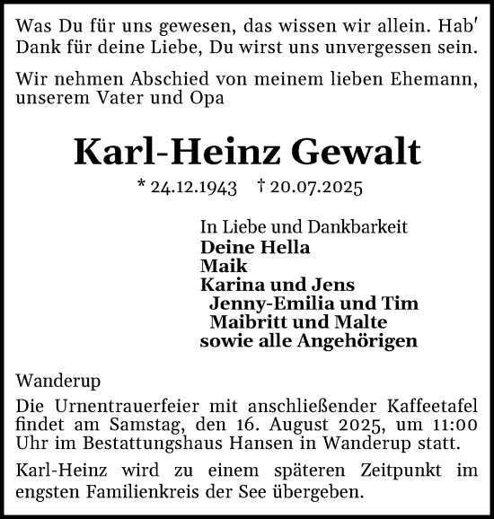 Traueranzeige von Karl-Heinz Gewalt von Flensburger Tageblatt