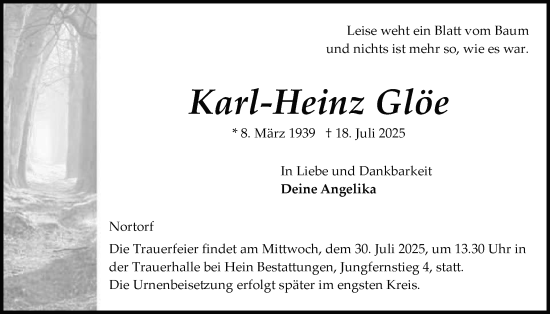 Traueranzeige von Karl-Heinz Glöe von Schleswig-Holsteinische Landeszeitung