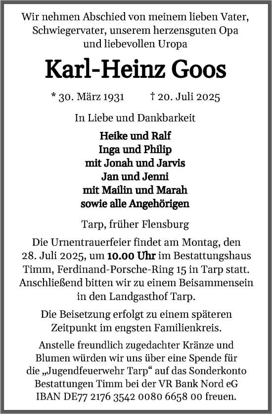 Traueranzeige von Karl-Heinz Goos von Flensburger Tageblatt