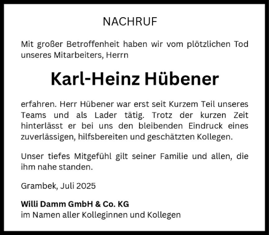 Traueranzeige von Karl-Heinz Hübener von MARKT Ratzeburg/Mölln
