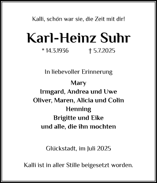 Traueranzeige von Karl-Heinz Suhr von Norddeutsche Rundschau, Wilstersche Zeitung, Glückstädter Fortuna