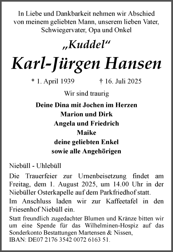 Traueranzeige von Karl-Jürgen Hansen von Husumer Nachrichten, Nordfriesland Tageblatt