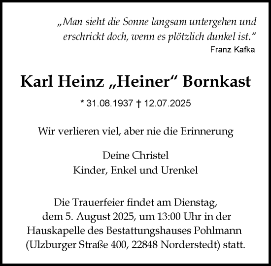Traueranzeige von Karl Heinz Bornkast von Heimatspiegel
