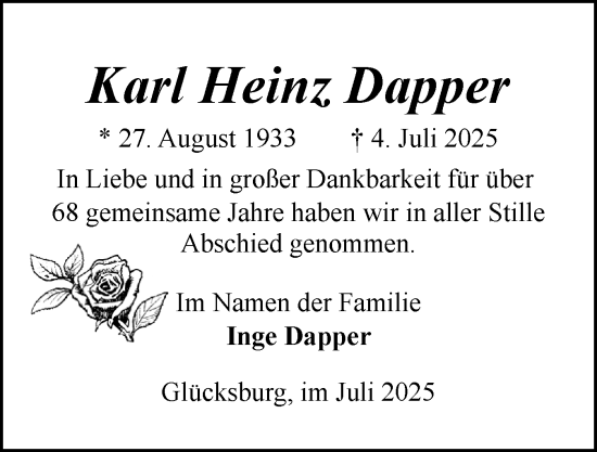 Traueranzeige von Karl Heinz Dapper von Flensburger Tageblatt