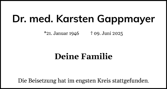 Traueranzeige von Karsten Gappmayer von Husumer Nachrichten, Nordfriesland Tageblatt