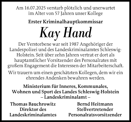 Traueranzeige von Kay Hand von Schleswiger Nachrichten, Schlei-Bote