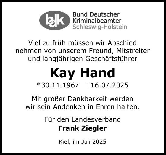 Traueranzeige von Kay Hand von Schleswiger Nachrichten, Schlei-Bote
