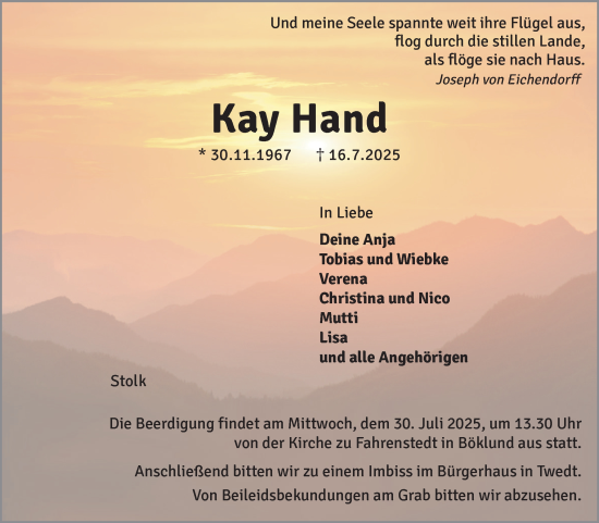 Traueranzeige von Kay Hand von Schleswiger Nachrichten, Schlei-Bote