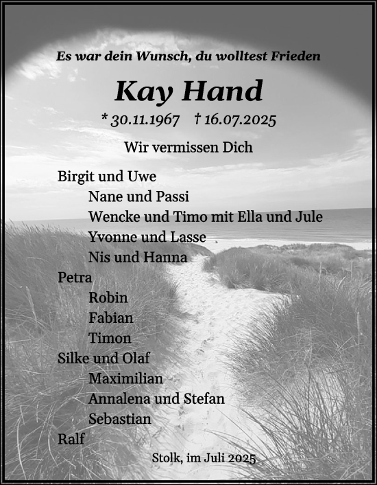 Traueranzeige von Kay Hand von Schleswiger Nachrichten, Schlei-Bote