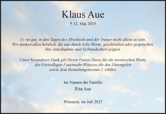 Traueranzeige von Klaus Aue von Wochenend Anzeiger
