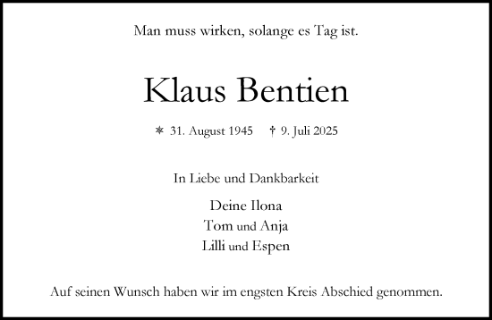 Traueranzeige von Klaus Bentien von MARKT Ahrensburg/Bargteheide/Trittau und Stormarner Tageblatt