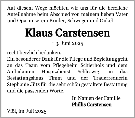 Traueranzeige von Klaus Carstensen von Husumer Nachrichten, Nordfriesland Tageblatt