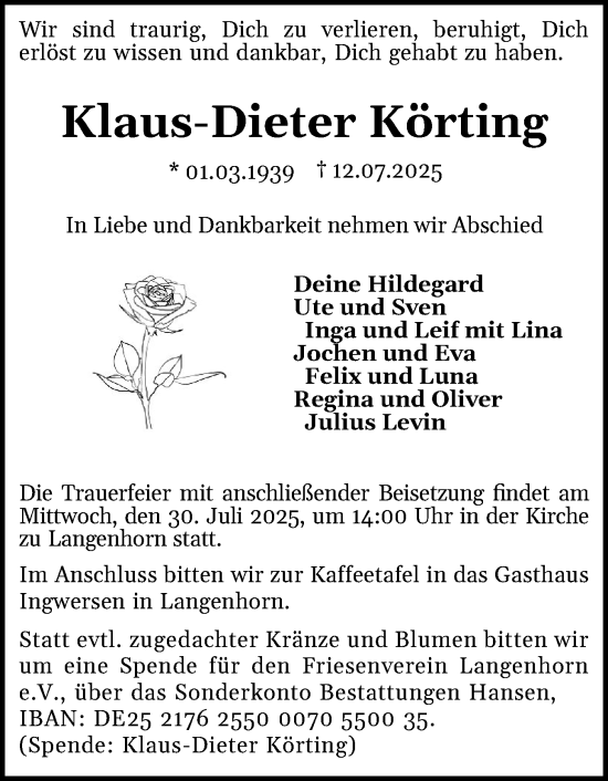 Traueranzeige von Klaus-Dieter Körting von Husumer Nachrichten, Nordfriesland Tageblatt