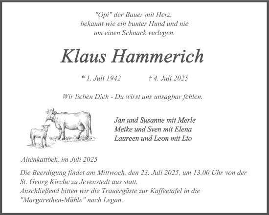 Traueranzeige von Klaus Hammerich von Schleswig-Holsteinische Landeszeitung