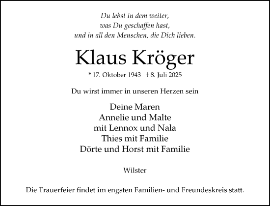 Traueranzeige von Klaus Kröger von Norddeutsche Rundschau, Wilstersche Zeitung, Glückstädter Fortuna