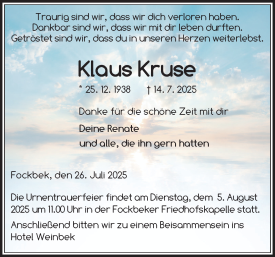 Traueranzeige von Klaus Kruse von Schleswig-Holsteinische Landeszeitung