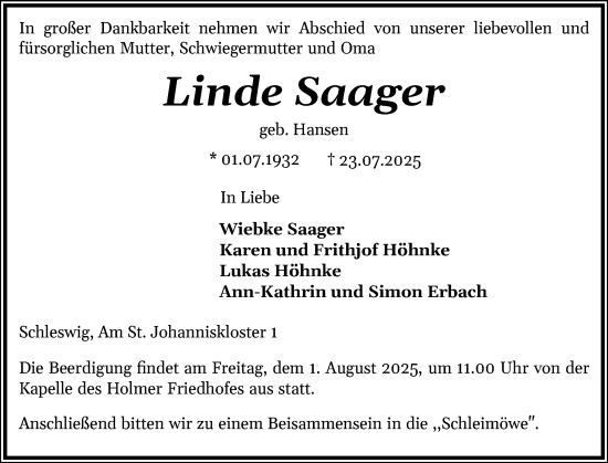 Traueranzeige von Linde Saager von Schleswiger Nachrichten, Schlei-Bote