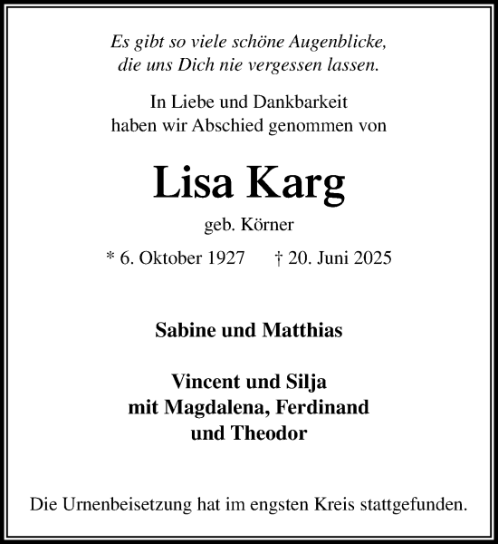 Traueranzeige von Lisa Karg von MARKT Ahrensburg/Bargteheide/Trittau und Stormarner Tageblatt