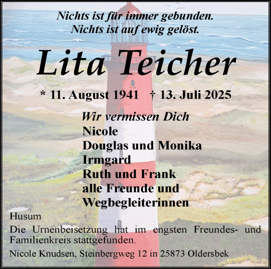 Traueranzeige von Lita Teicher von Der Insel-Bote