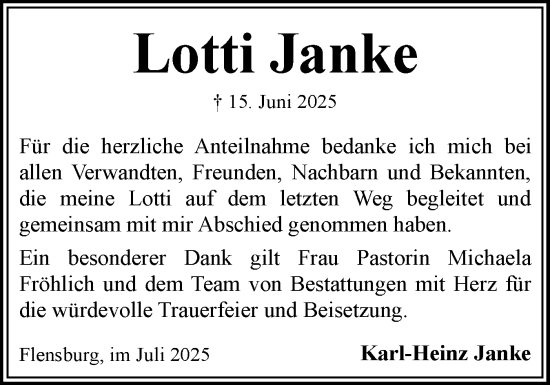 Traueranzeige von Lotti Janke von Flensburger Tageblatt