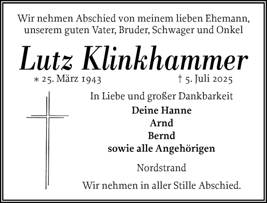 Traueranzeige von Lutz Klinkhammer von Husumer Nachrichten, Nordfriesland Tageblatt