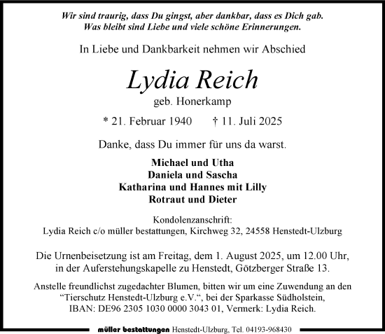 Traueranzeige von Lydia Reich von Umschau