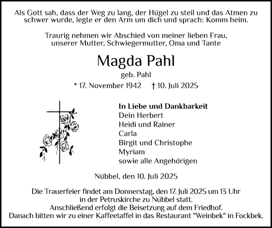 Traueranzeige von Magda Pahl von Schleswig-Holsteinische Landeszeitung