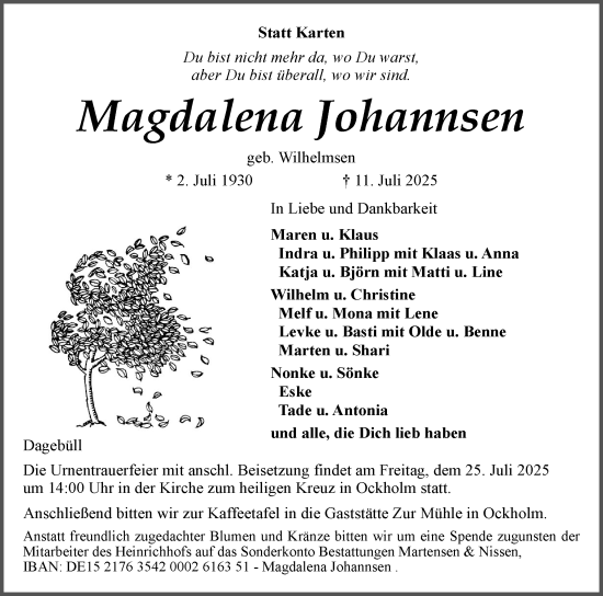 Traueranzeige von Magdalena Johannsen von Husumer Nachrichten, Nordfriesland Tageblatt