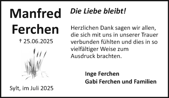 Traueranzeige von Manfred Ferchen von Sylter Rundschau
