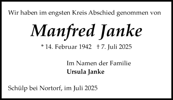 Traueranzeige von Manfred Janke von Schleswig-Holsteinische Landeszeitung