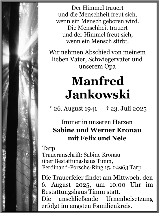 Traueranzeige von Manfred Jankowski von Flensburger Tageblatt