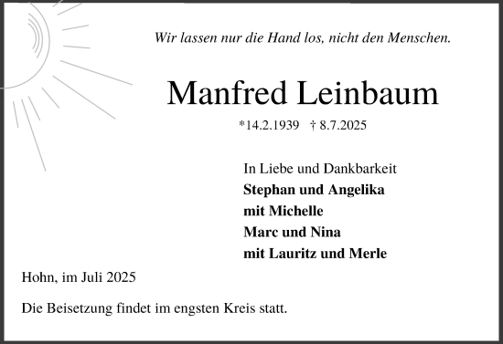 Traueranzeige von Manfred Leinbaum von Schleswig-Holsteinische Landeszeitung
