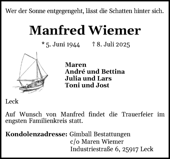 Traueranzeige von Manfred Wiemer von Region Flensburg