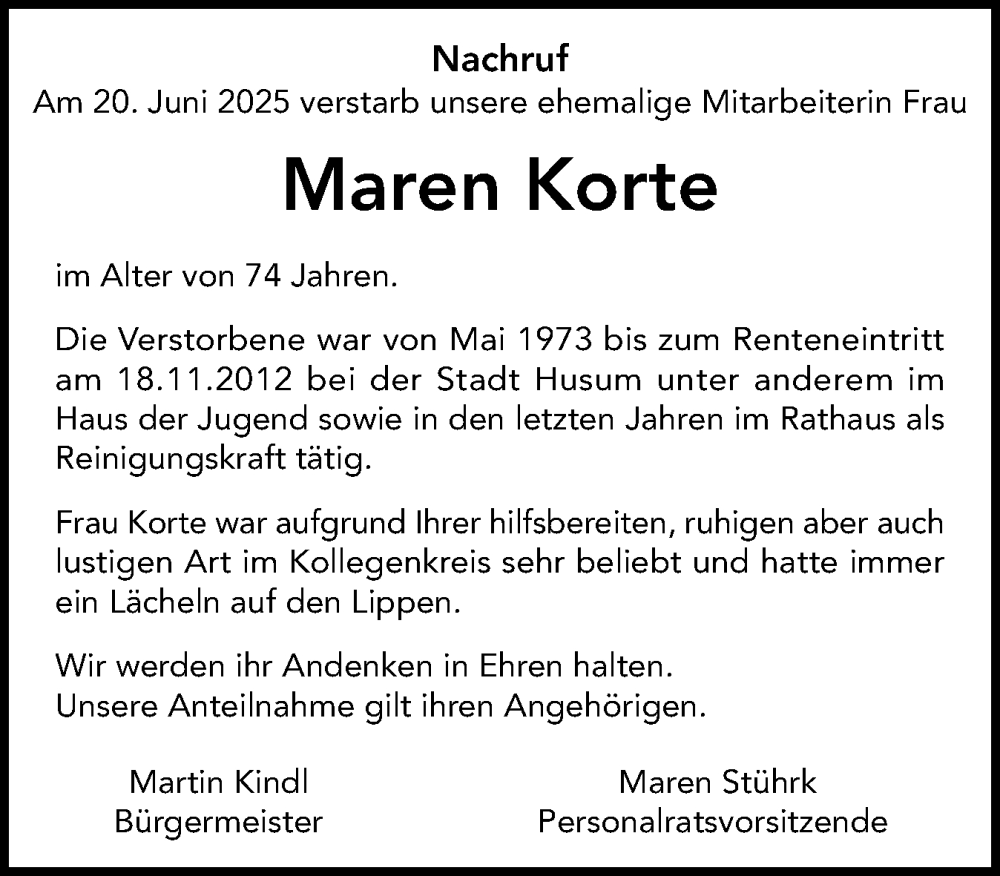  Traueranzeige für Maren Korte vom 12.07.2025 aus Die WochenSchau Nordfriesland