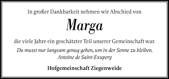 Traueranzeige von Marga  von Husumer Nachrichten, Nordfriesland Tageblatt