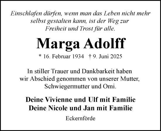 Traueranzeige von Marga Adolff von Norddeutsche Rundschau, Wilstersche Zeitung, Glückstädter Fortuna