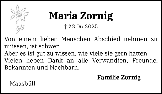 Traueranzeige von Maria Zornig von Flensburger Tageblatt